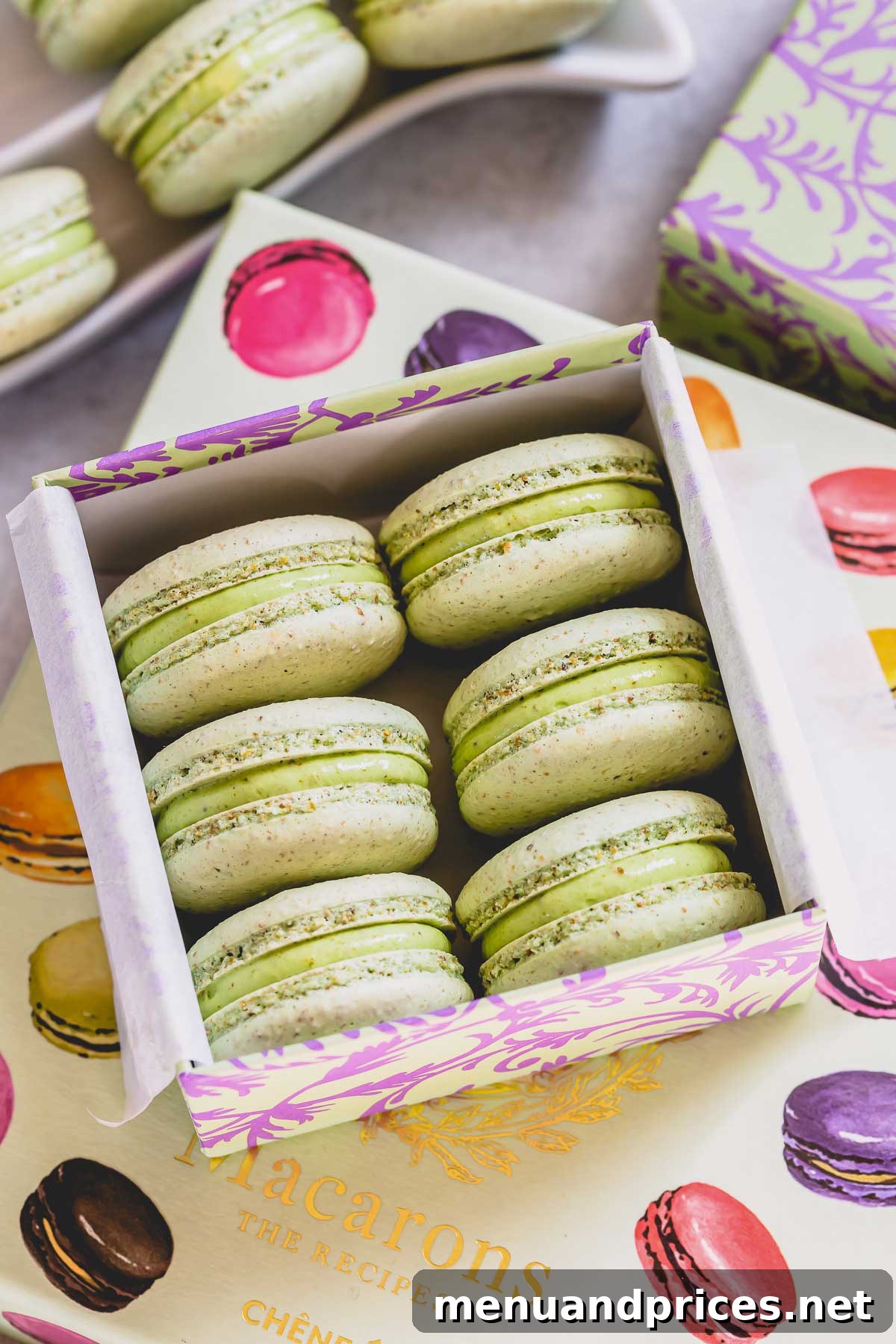 Heavenly Pistachio Macarons 13 Beautifully assembled and matured pistachio macarons neatly arranged in a charming gift box.