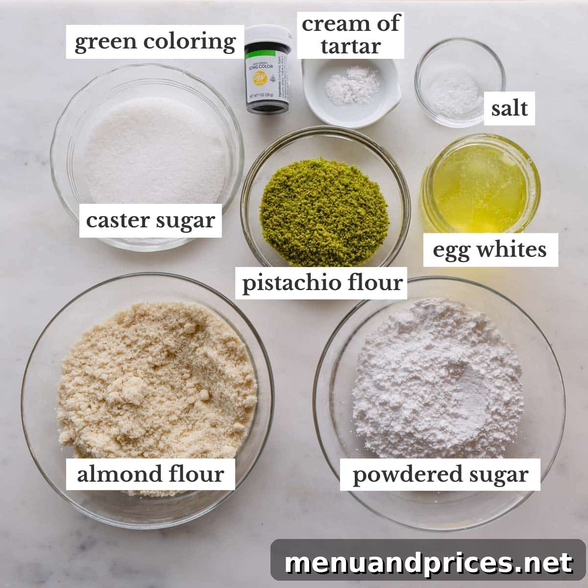 Heavenly Pistachio Macarons 5 Individual bowls displaying the precise ingredients required for making pistachio macaron shells.