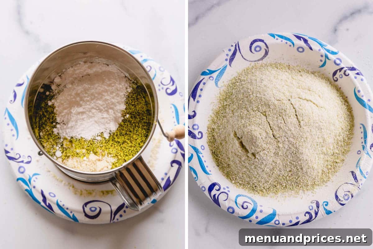 Heavenly Pistachio Macarons 6 Side-by-side images showing dry ingredients in a sifter on the left and the perfectly sifted dry ingredients collected on a paper plate on the right.