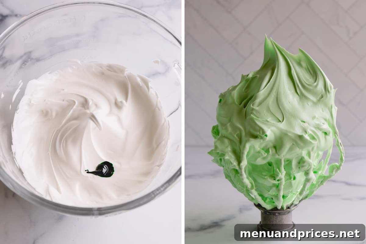 Heavenly Pistachio Macarons 7 Side-by-side images: white meringue at a soft peak stage with a drop of green food coloring on the left, and vibrant green meringue holding stiff peaks on a whisk on the right.