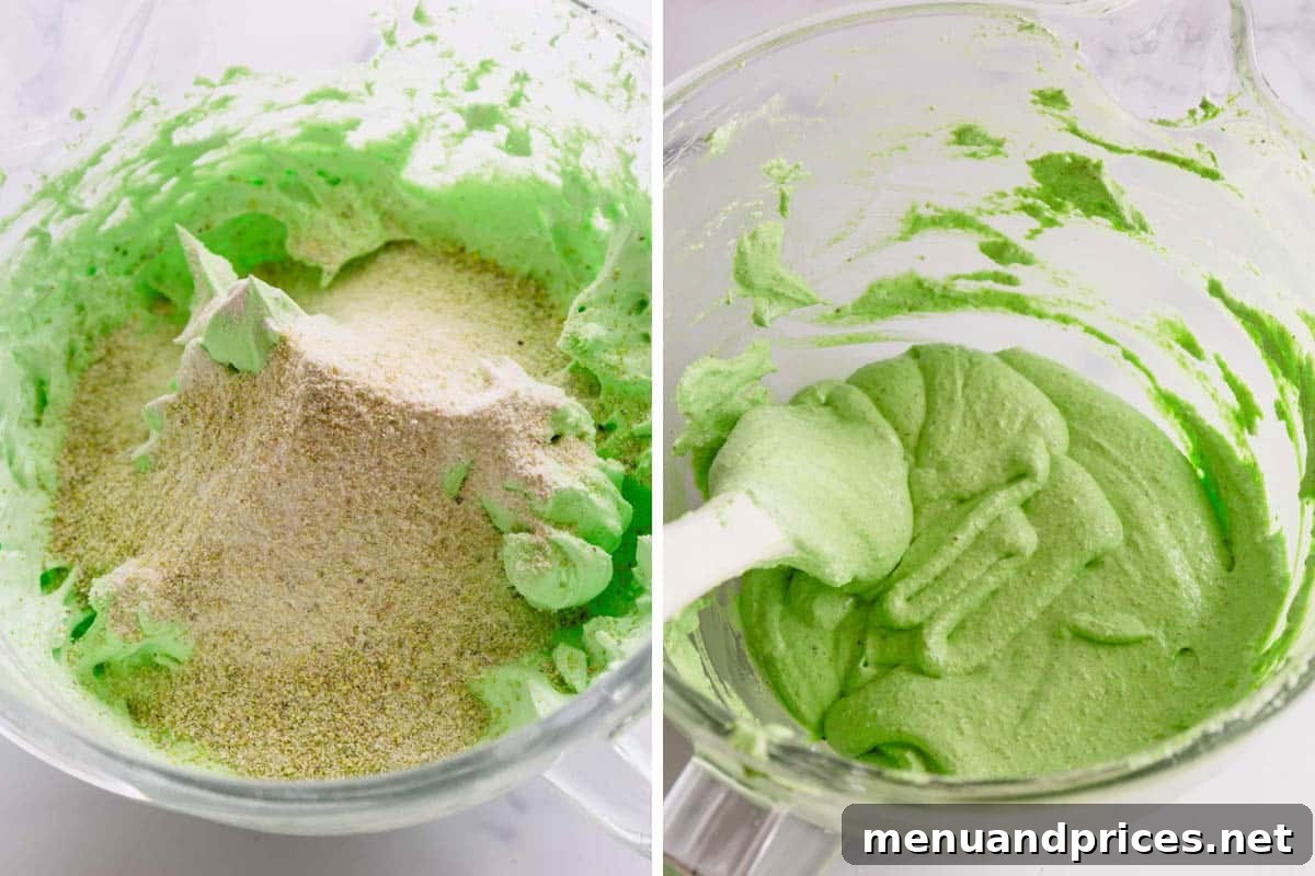 Heavenly Pistachio Macarons 8 Side-by-side images illustrating the process of gently folding dry ingredients into the meringue to create the macaron batter.