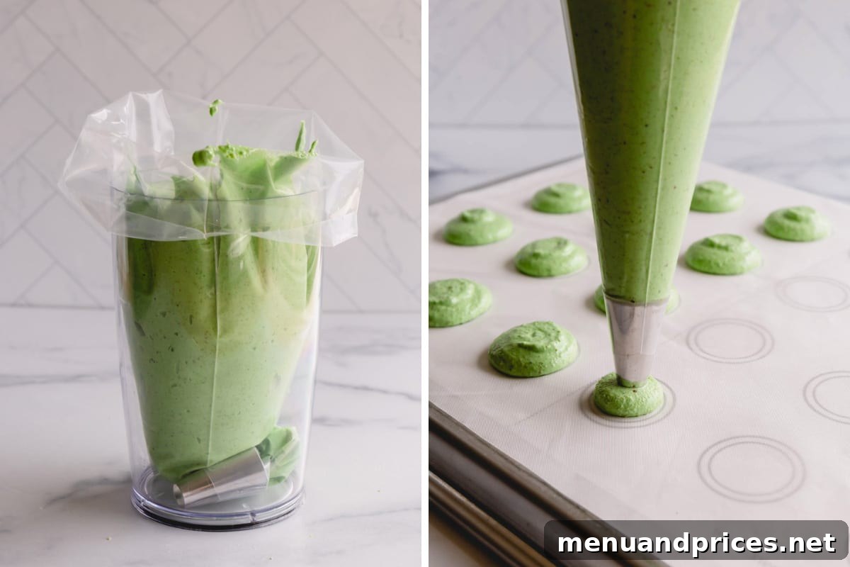Heavenly Pistachio Macarons 9 Side-by-side images illustrating the process: macaron batter in a piping bag on the left, and neatly piped macaron shells on a baking sheet on the right.