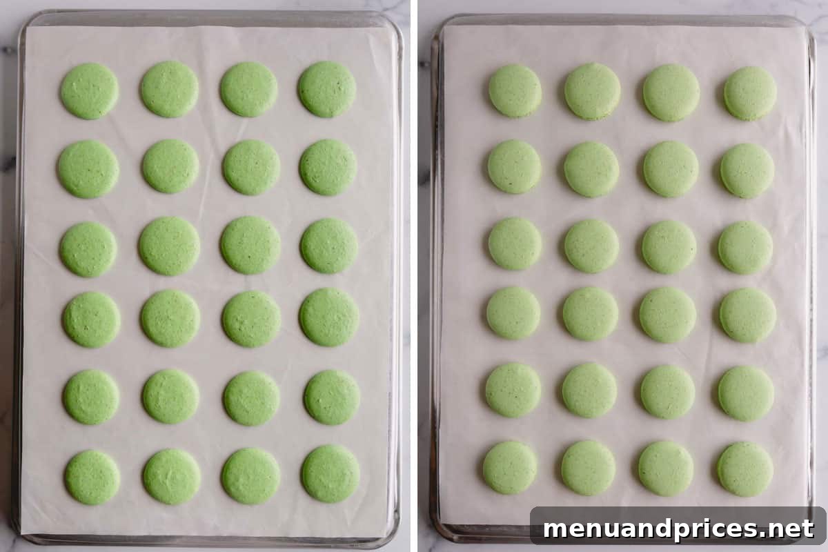 Heavenly Pistachio Macarons 10 Side-by-side images showing pistachio macaron shells before baking (left) with smooth tops, and after baking (right) with perfect 'feet'.