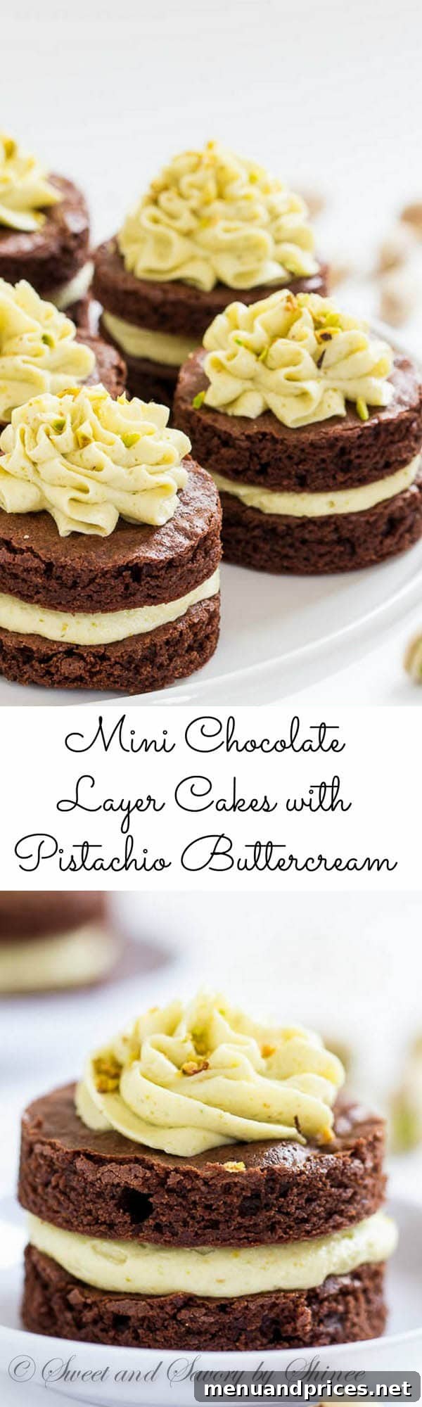 Petite Chocolate Layer Delights 2 Fudgy, yet light chocolate cake layers, filled with fluffy pistachio buttercream and cut into adorable mini cakes, are irresistible crowd-pleaser.