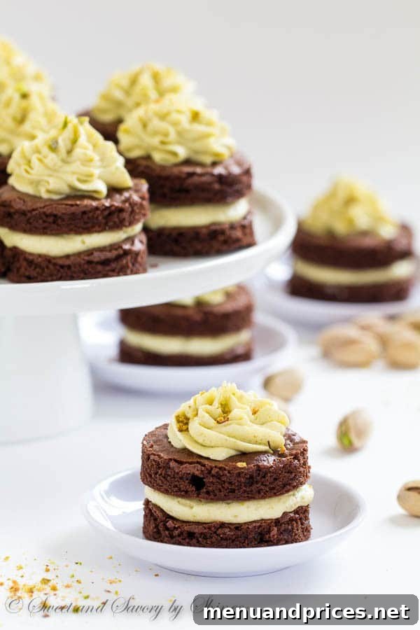 Petite Chocolate Layer Delights 3 Fudgy, yet light chocolate cake layers, filled with fluffy pistachio buttercream and cut into adorable mini cakes, are irresistible crowd-pleaser.