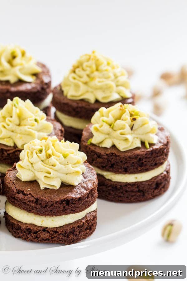 Petite Chocolate Layer Delights 4 Fudgy, yet light chocolate cake layers, filled with fluffy pistachio buttercream and cut into adorable mini cakes, are irresistible crowd-pleaser.