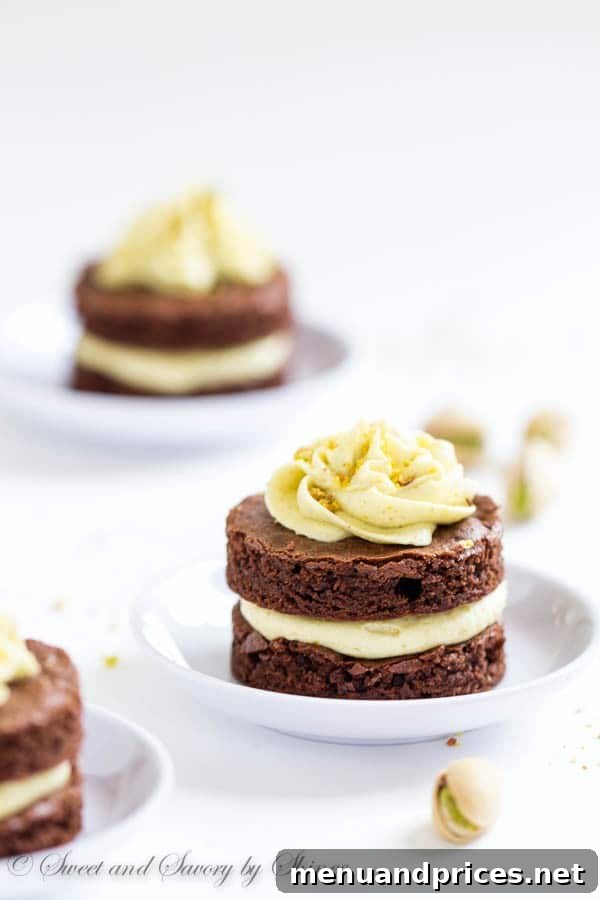Petite Chocolate Layer Delights 5 Fudgy, yet light chocolate cake layers, filled with fluffy pistachio buttercream and cut into adorable mini cakes, are irresistible crowd-pleaser.