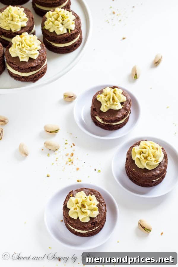 Petite Chocolate Layer Delights 7 Fudgy, yet light chocolate cake layers, filled with fluffy pistachio buttercream and cut into adorable mini cakes, are irresistible crowd-pleaser.