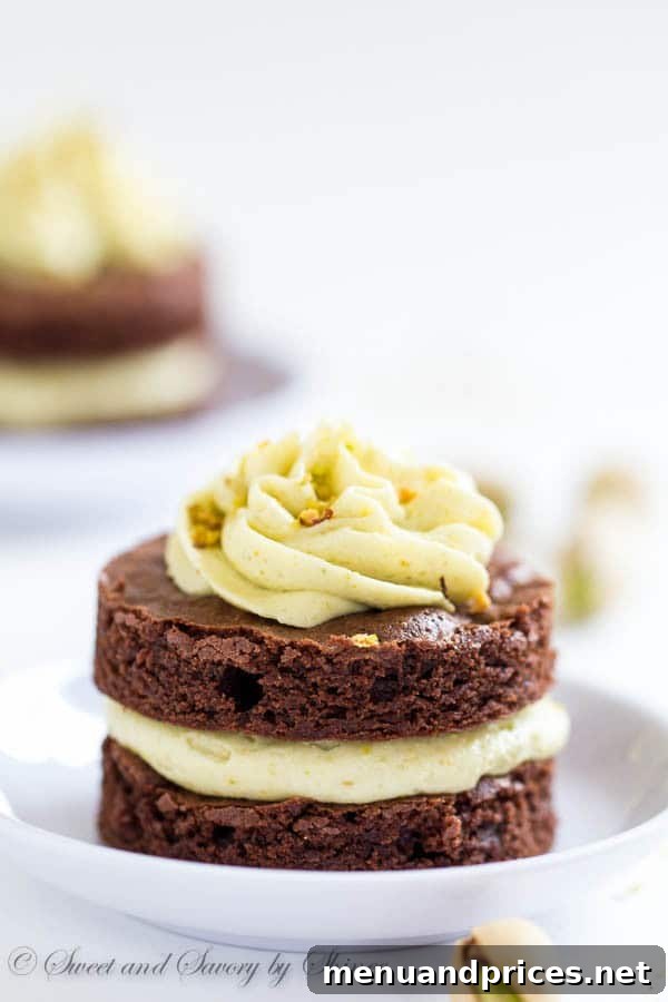 Petite Chocolate Layer Delights 8 Fudgy, yet light chocolate cake layers, filled with fluffy pistachio buttercream and cut into adorable mini cakes, are irresistible crowd-pleaser.