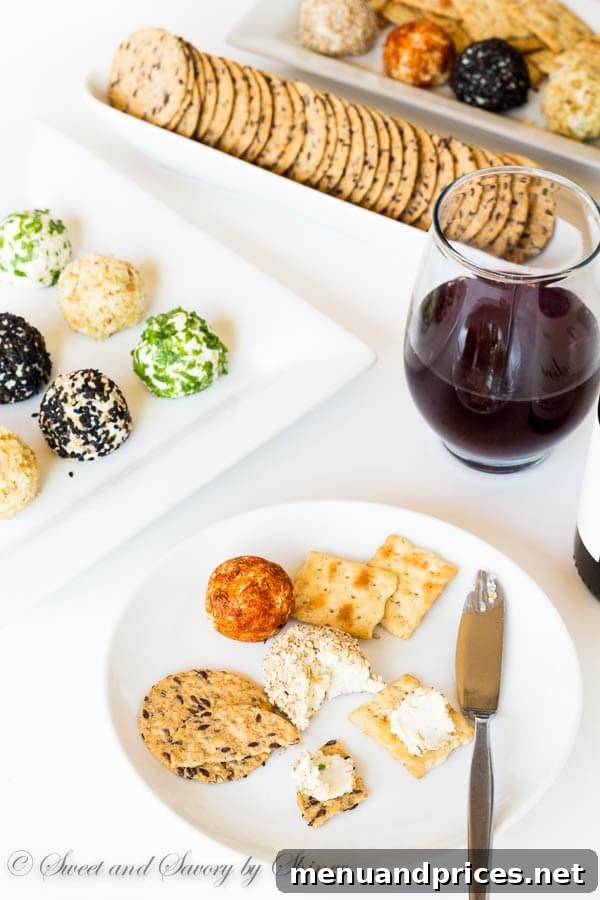 Bite-Sized Cheesy Delights 4 A beautifully composed flat lay featuring a rustic wooden serving board laden with an assortment of mini cheese balls, each coated differently in paprika, fresh herbs, and various nuts. They are accompanied by a selection of gourmet crackers and a stemmed glass of white wine, emphasizing elegant presentation for entertaining.