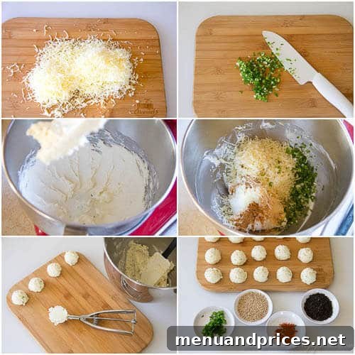 Bite-Sized Cheesy Delights 5 A visual step-by-step guide illustrating the process of making mini cheese balls, from grating cheese and mixing ingredients to forming small balls and rolling them in various delicious coatings, ensuring clarity for home cooks.
