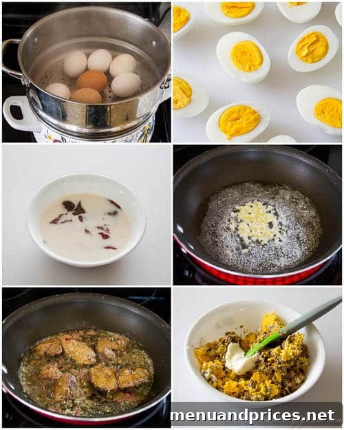 Step-by-step photo instructions for making chicken liver pate deviled eggs.