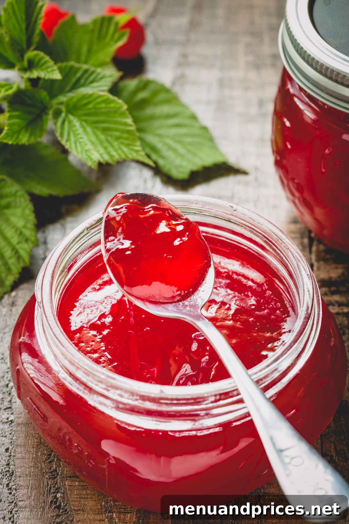 Quick Pectin-Free Raspberry Delight 2 A wide-mouth glass jar filled with luscious, vibrant red raspberry jelly, with a spoonful resting elegantly on the rim, showcasing its smooth texture.