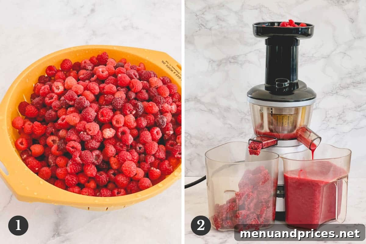 Quick Pectin-Free Raspberry Delight 3 Side by side images depicting fresh, ripe raspberries and a juicer actively extracting bright red raspberry juice, highlighting the juicing process.