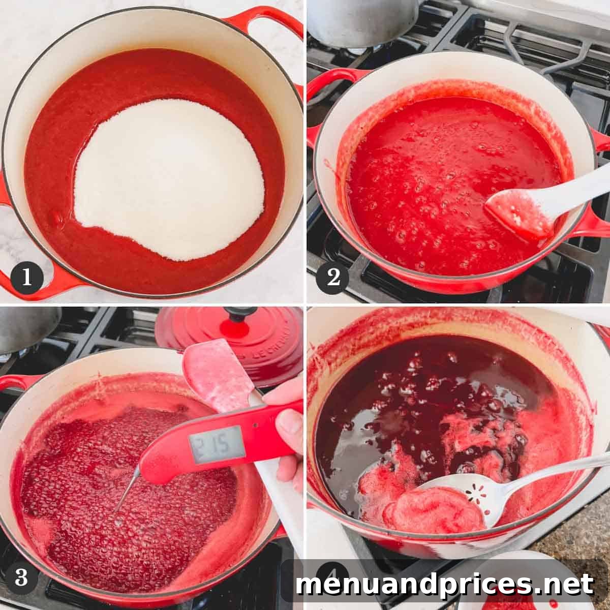 Quick Pectin-Free Raspberry Delight 4 A series of step-by-step photos illustrating the process of making raspberry jelly, from combining ingredients to boiling.