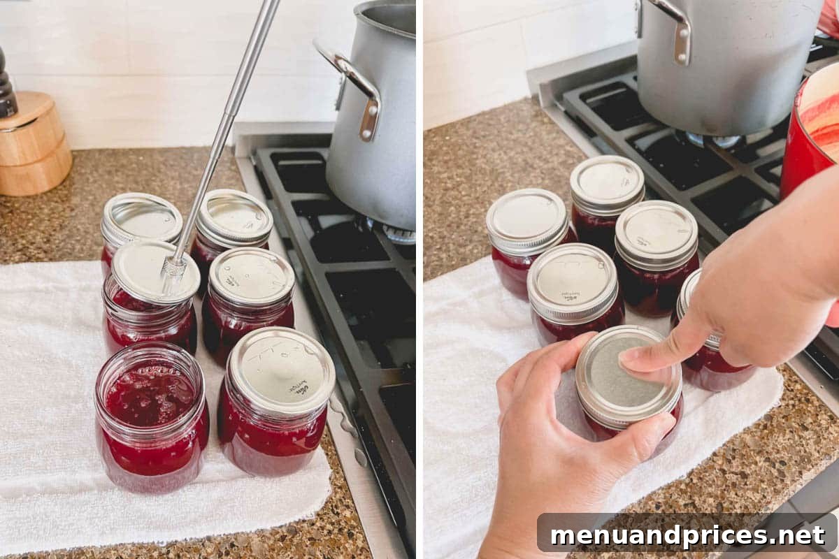 Quick Pectin-Free Raspberry Delight 5 Side-by-side photos demonstrating the process of canning homemade raspberry jelly, showing filled jars and secured lids.