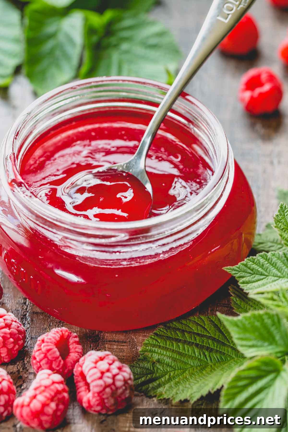 Quick Pectin-Free Raspberry Delight 7 A clear glass jar of vibrant raspberry jelly with a spoon dipped inside, ready to be served on toast.