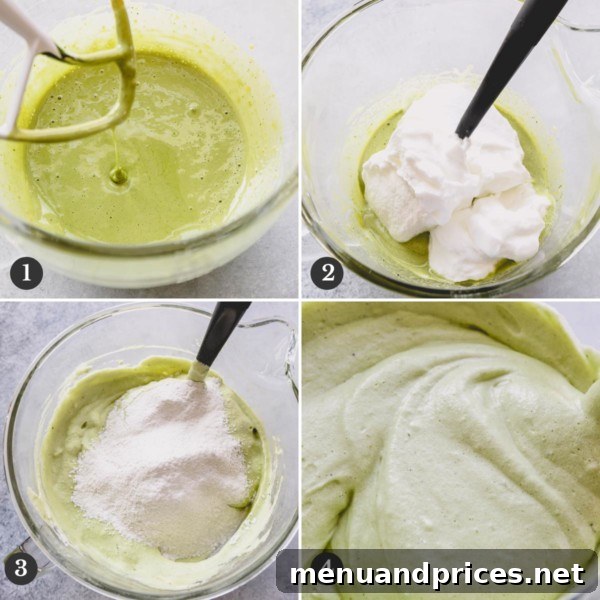 Step by step photos illustrating the process of making the green tea cake batter.