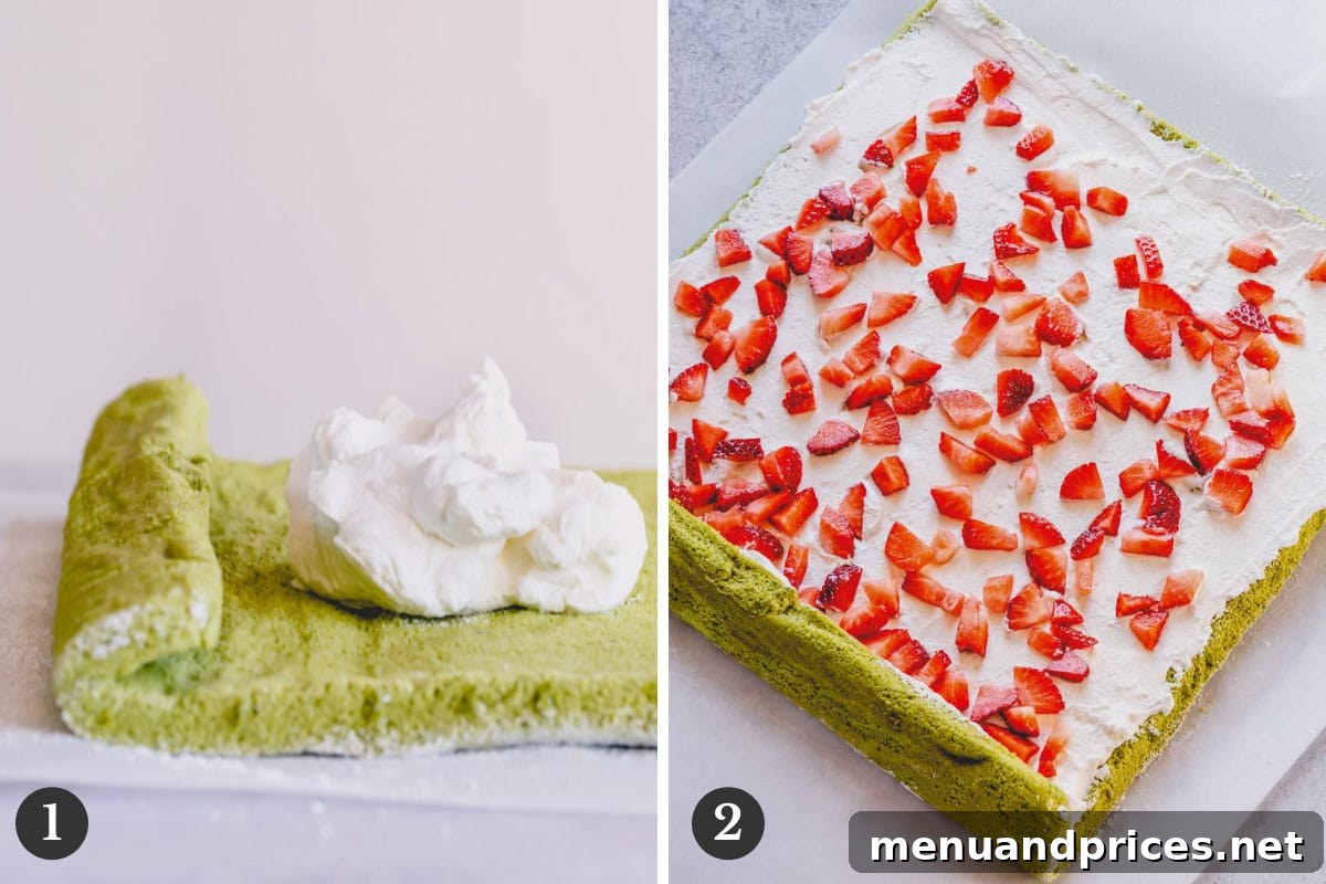 Side by side images depicting the process of filling matcha sponge cake with whipped cream and chopped strawberries.