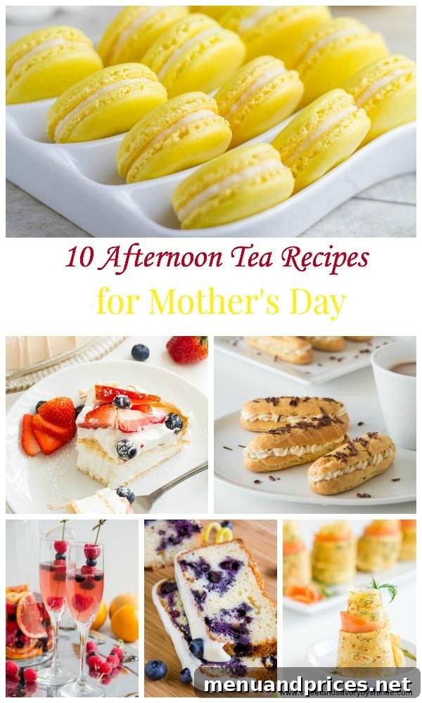 An elegantly arranged tiered stand featuring an assortment of Mother's Day Afternoon Tea treats including scones, macarons, mini cakes, and sandwiches, perfect for a celebration at home.