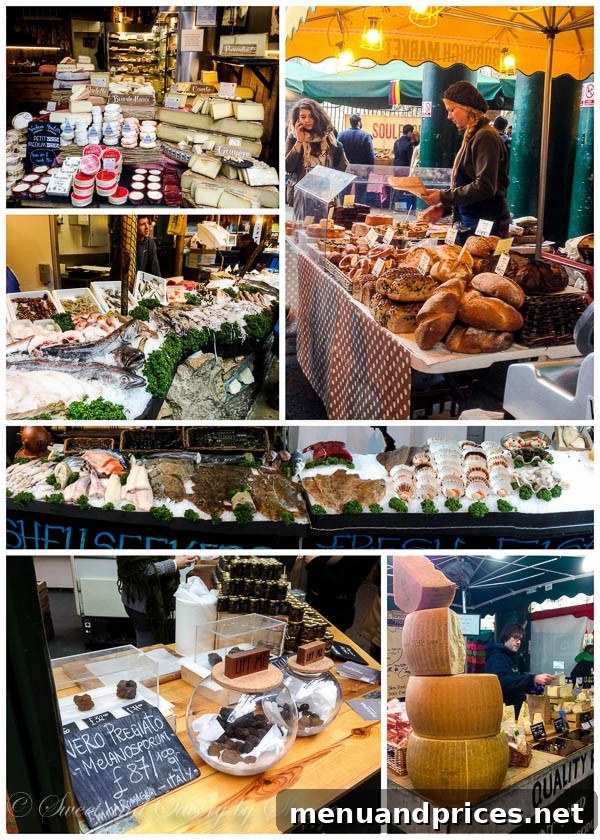 London Visual Diary 31 A bustling scene inside Borough Market, showcasing a vibrant array of fresh produce and goods.