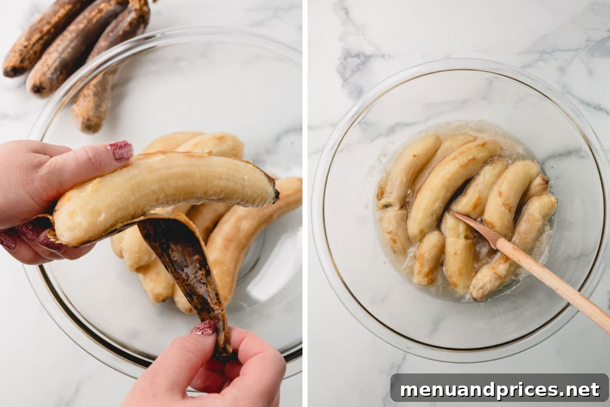 A two-part image showing hands peeling frozen bananas and then mashing thawed bananas in a bowl with a wooden spoon.