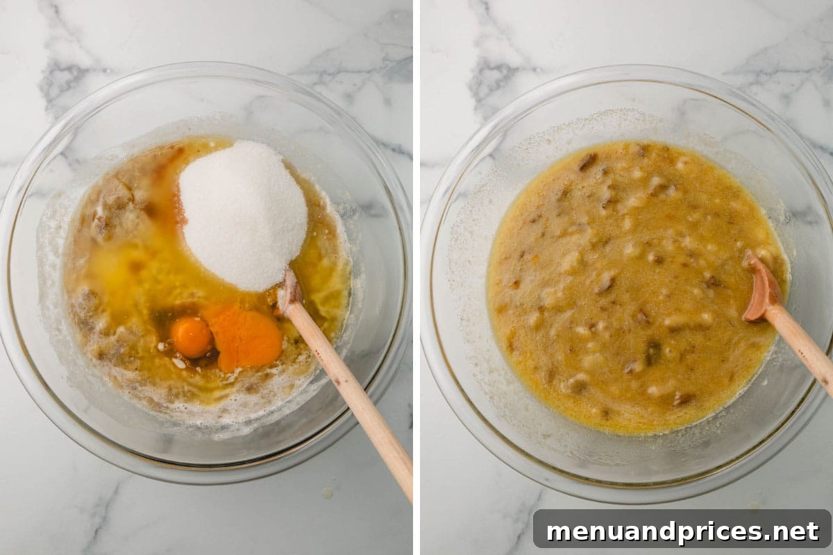 Wet ingredients, including mashed bananas, sugar, and butter, being mixed in a bowl with a wooden spoon for banana bread.
