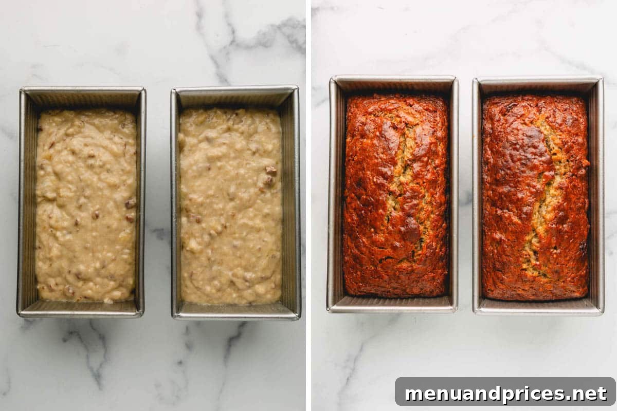 A series of images showing two unbaked loaves of banana bread in pans next to two perfectly baked, golden-brown loaves on a wire rack.