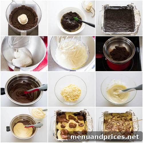 Decadent Three-Chocolate Cheesecake Squares 4 Step-by-step process photo showing the contrasting dark and white chocolate cheesecake mixtures ready for swirling.