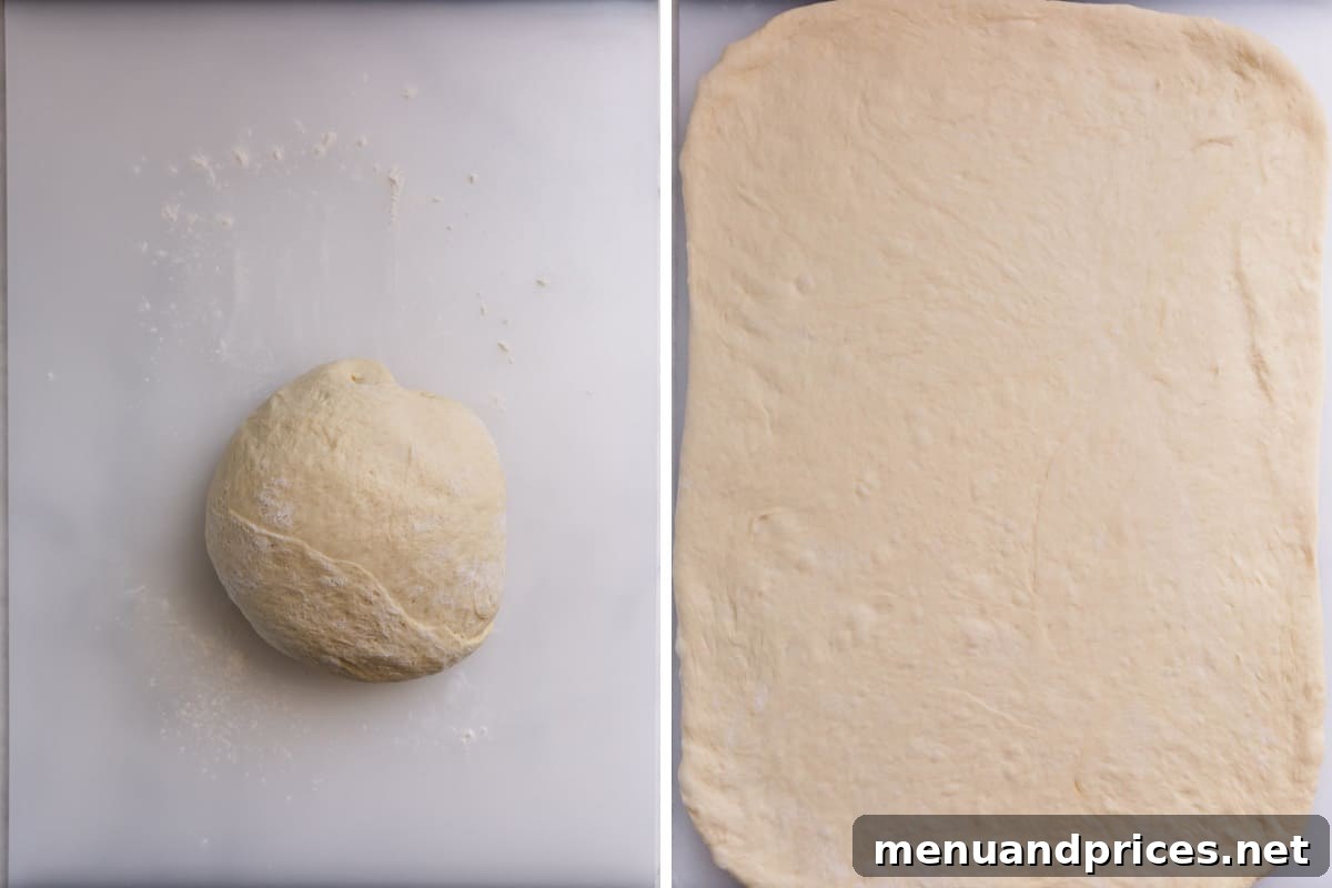 Irresistible Caramel Rolls 11 Two images showing the process of rolling out caramel roll dough.