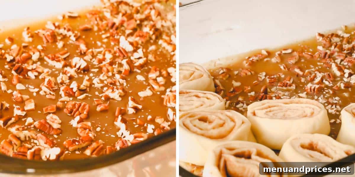 Irresistible Caramel Rolls 14 Two images showing a butterscotch caramel sauce in a dish being topped with raw caramel rolls.