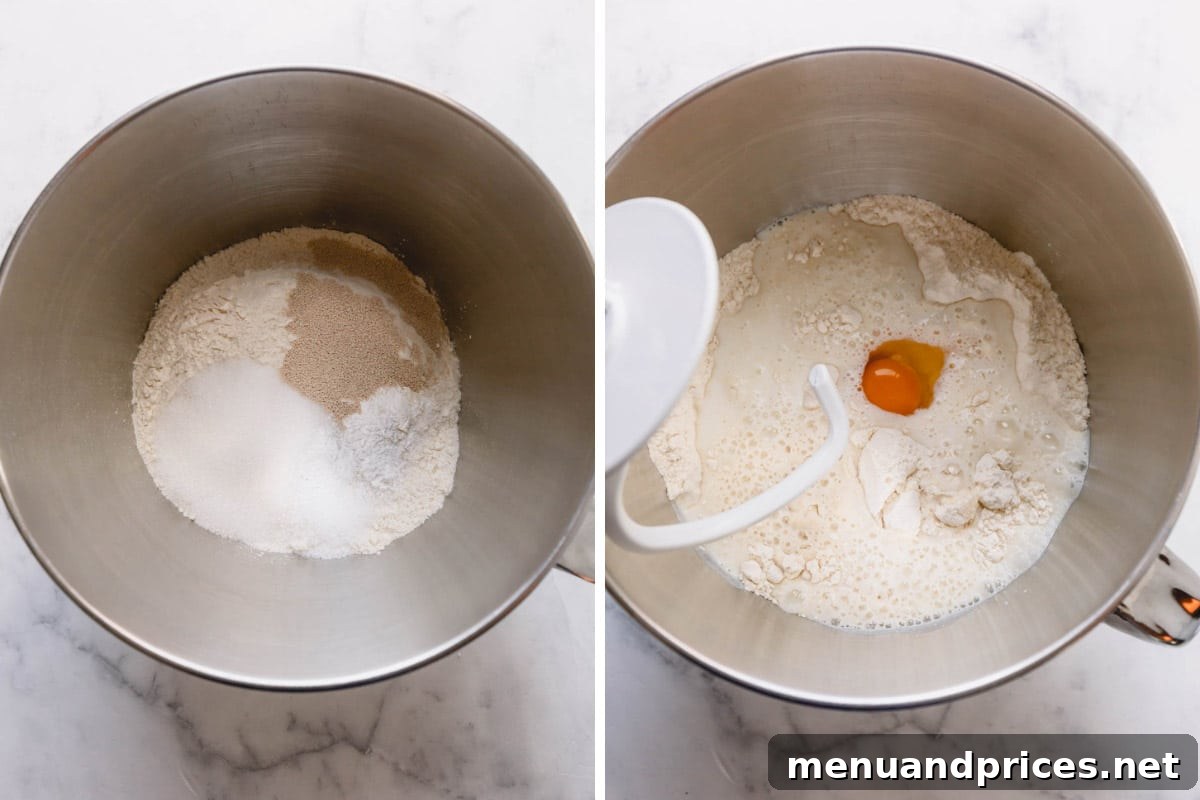Irresistible Caramel Rolls 6 Two images showing the process of mixing dry and wet ingredients for caramel roll dough.