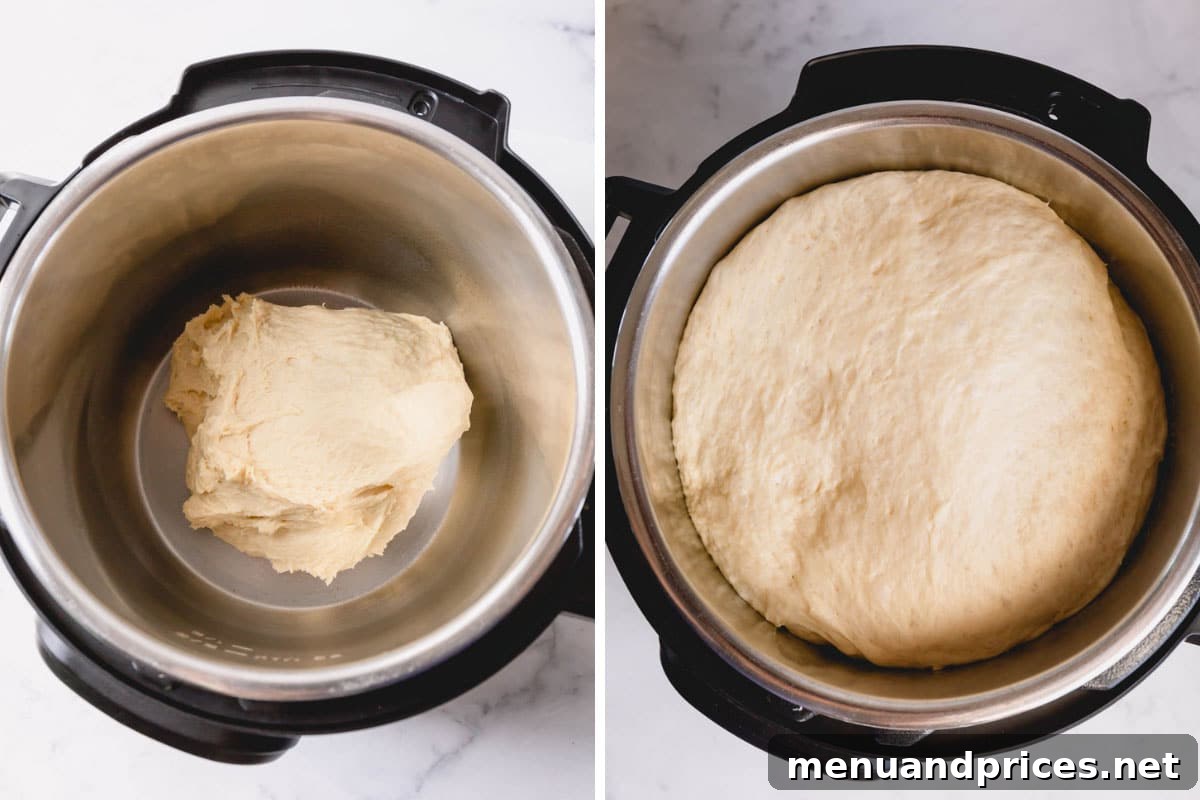 Irresistible Caramel Rolls 8 Two images showing the process of proofing caramel roll dough until it's fluffy.