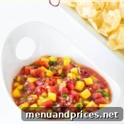 Close-up of fresh mango salsa, ready to be served