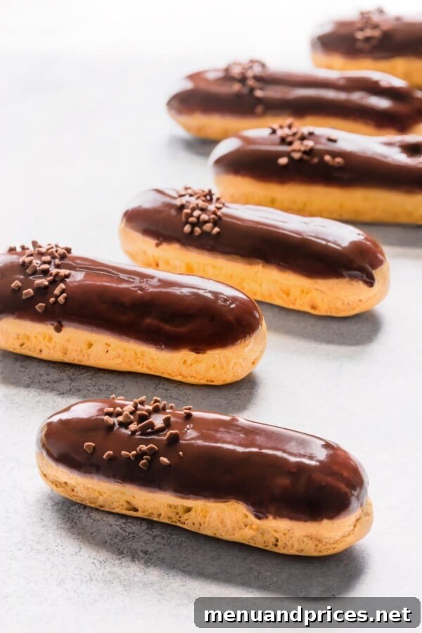 Divine Chocolate Eclairs 3 Chocolate eclairs on a counter, freshly baked and glazed.