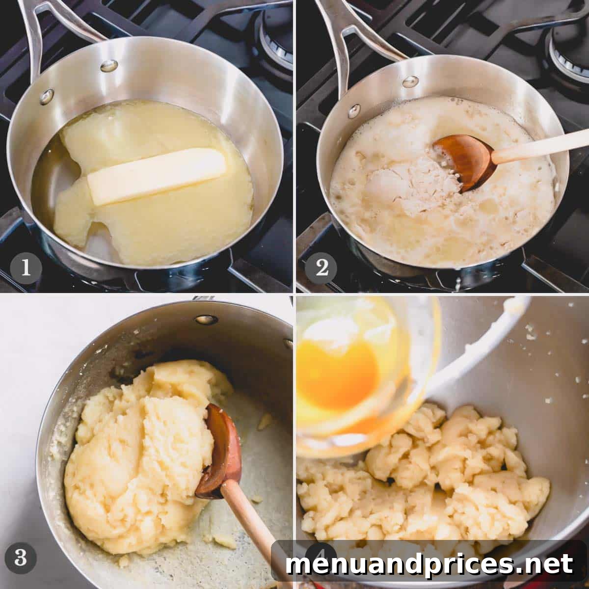 Divine Chocolate Eclairs 6 Step by step photos of making eclair dough, from mixing to cooling.