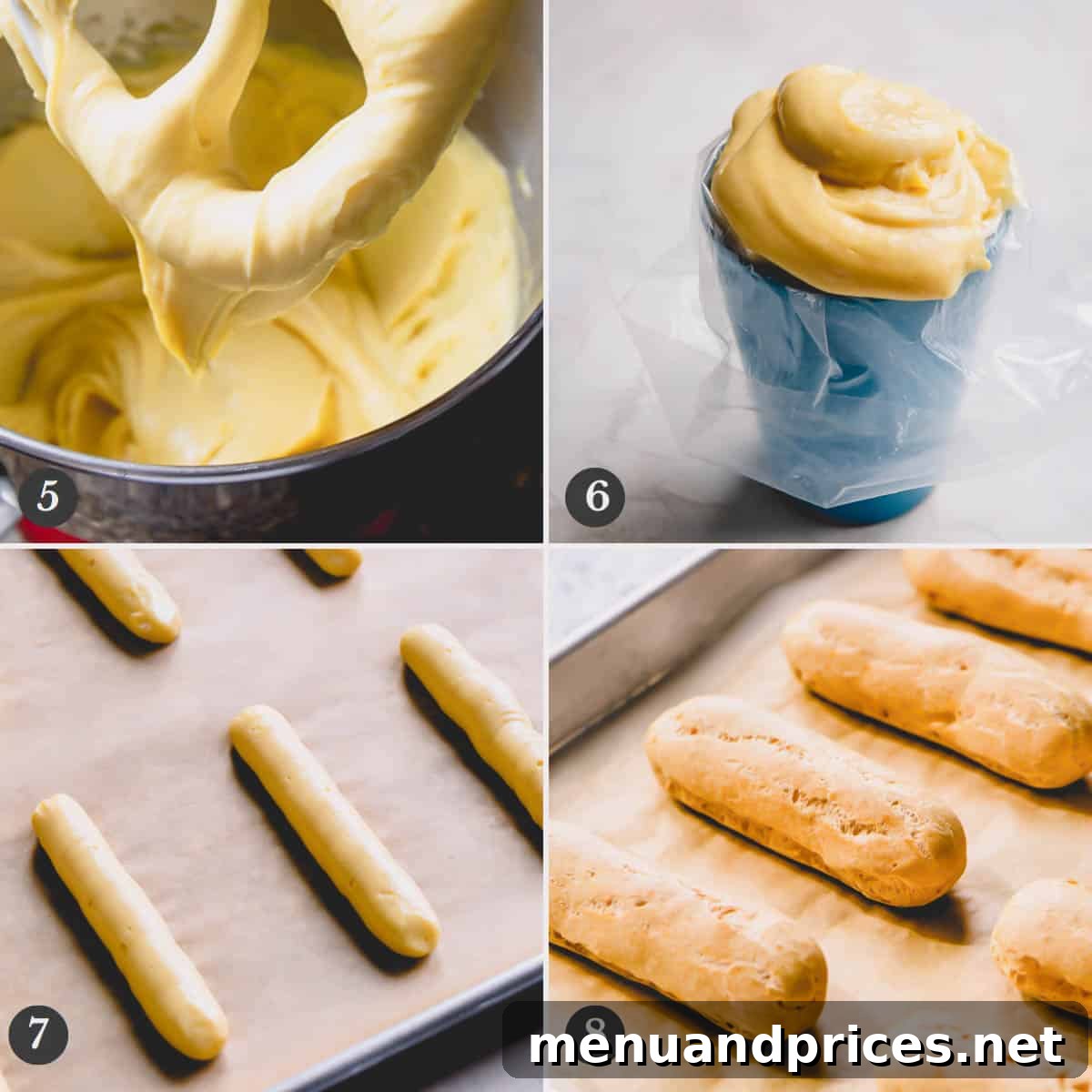 Divine Chocolate Eclairs 7 Step by step photos of piping and baking eclair shells on a baking sheet.