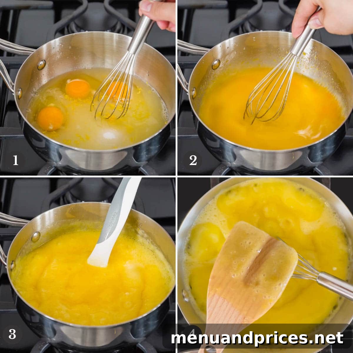 Step by step photos illustrating the process of making lemon curd on the stovetop, showing the mixture thickening.