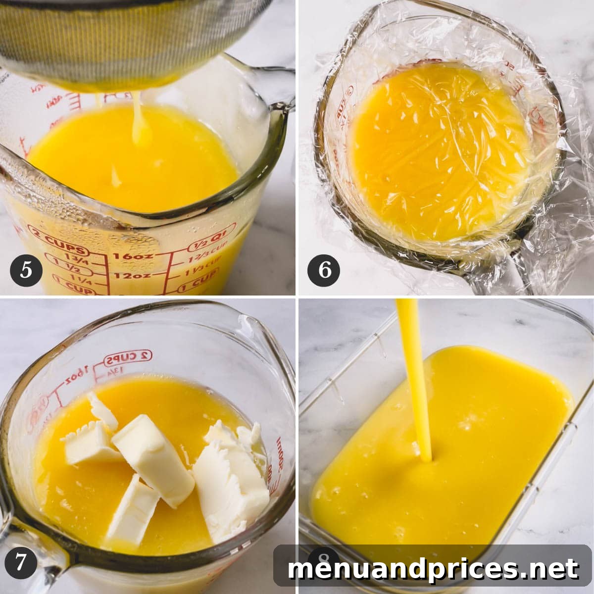 Step by step photos showing how to strain the lemon curd, cool it, and add butter for a smooth finish.