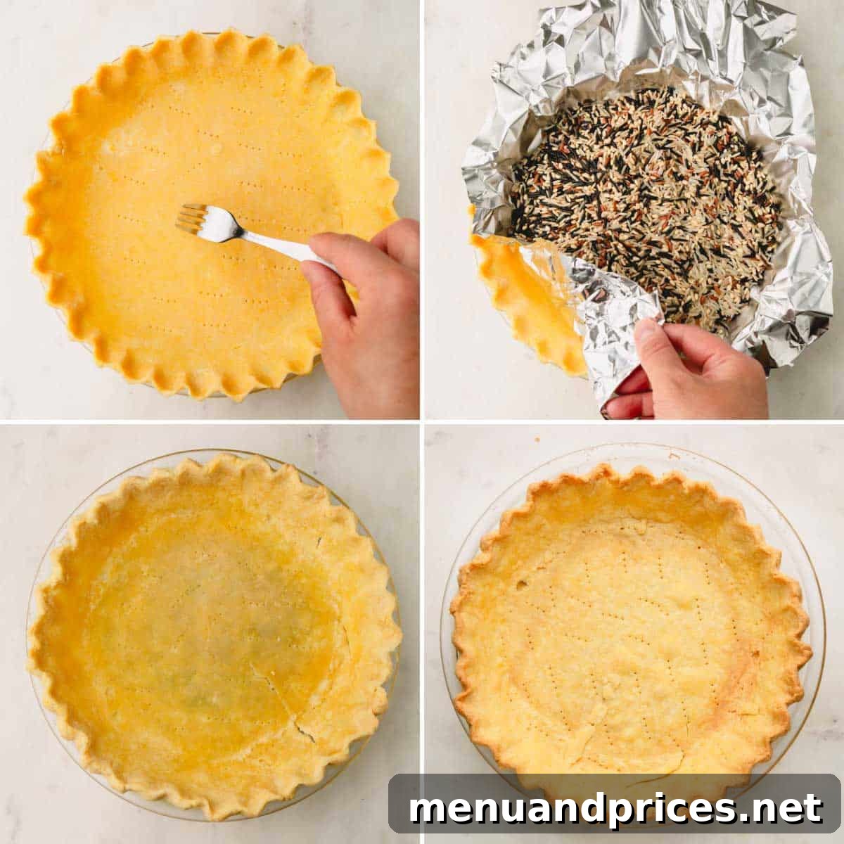 Zesty Orange Cloud Pie 5 Four sequential images demonstrating the process of par-baking a pie crust to achieve a golden, flaky base.
