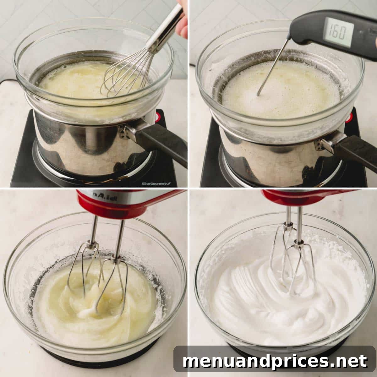 Zesty Orange Cloud Pie 6 Four images detailing the creation of Swiss meringue, from heating egg whites to achieving stiff peaks.