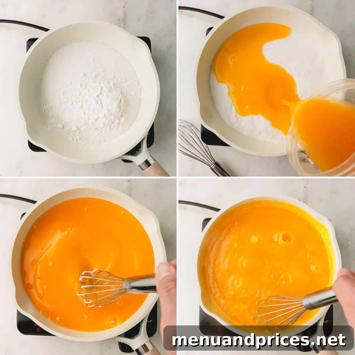 Zesty Orange Cloud Pie 7 Four images illustrating the process of cooking orange curd, from combining ingredients to thickening.