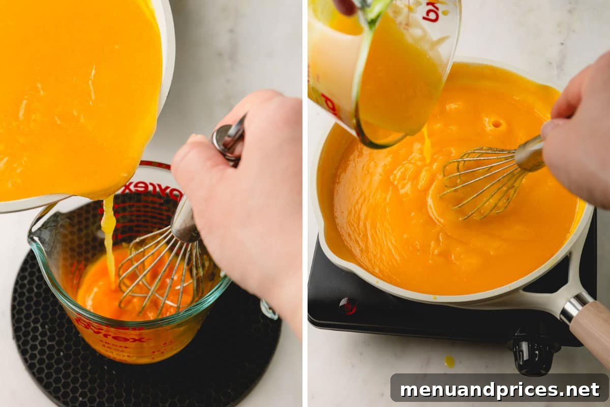 Zesty Orange Cloud Pie 8 Orange curd being whisked in a measuring cup, then poured into a skillet to combine with tempered egg yolks.