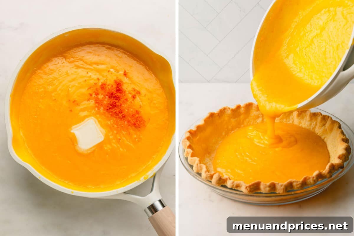 Zesty Orange Cloud Pie 9 Hot orange curd filling shown in a pot, then being poured meticulously into a pre-baked pie crust.