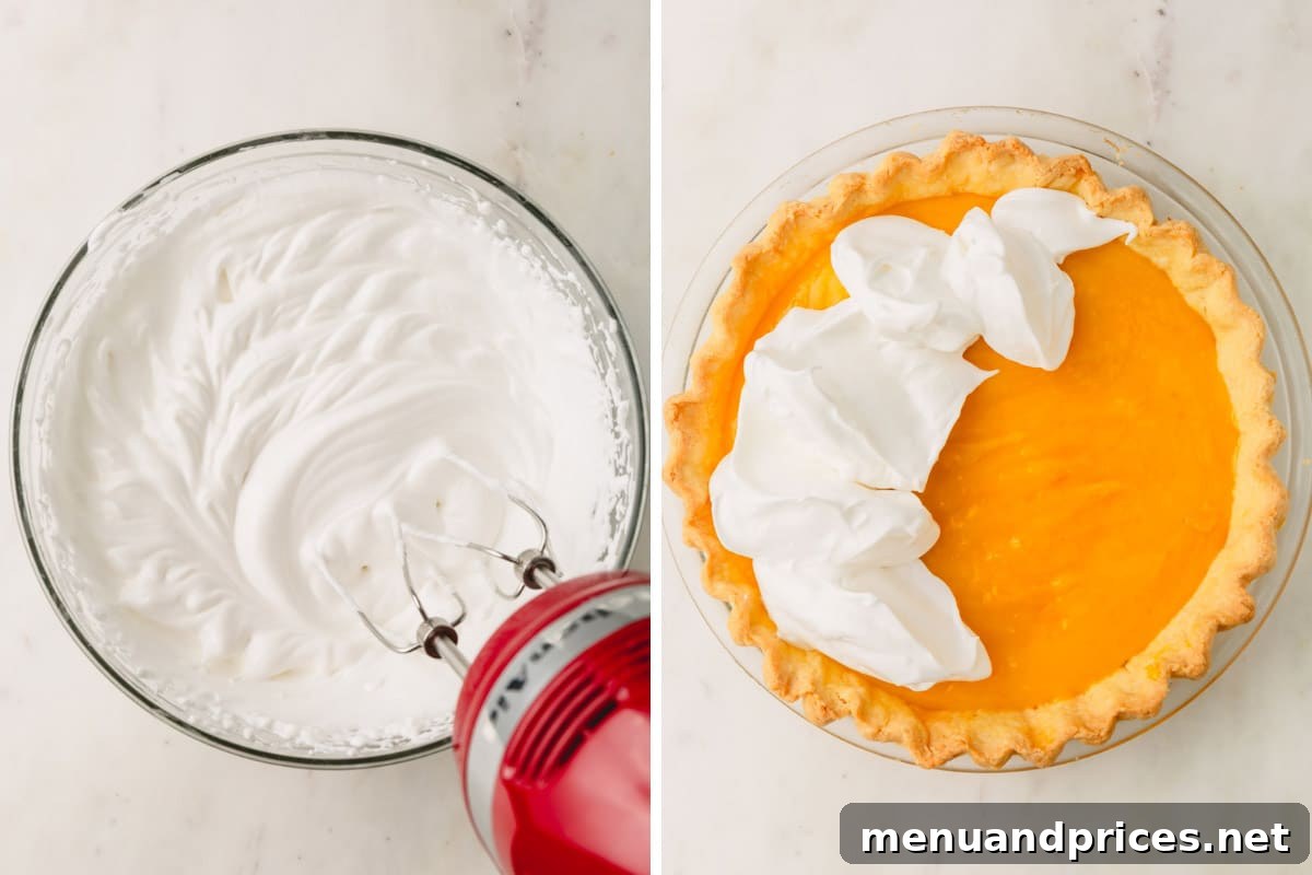 Zesty Orange Cloud Pie 10 Whipped meringue in a bowl, followed by the meringue beautifully spread and peaked on top of an orange meringue pie.