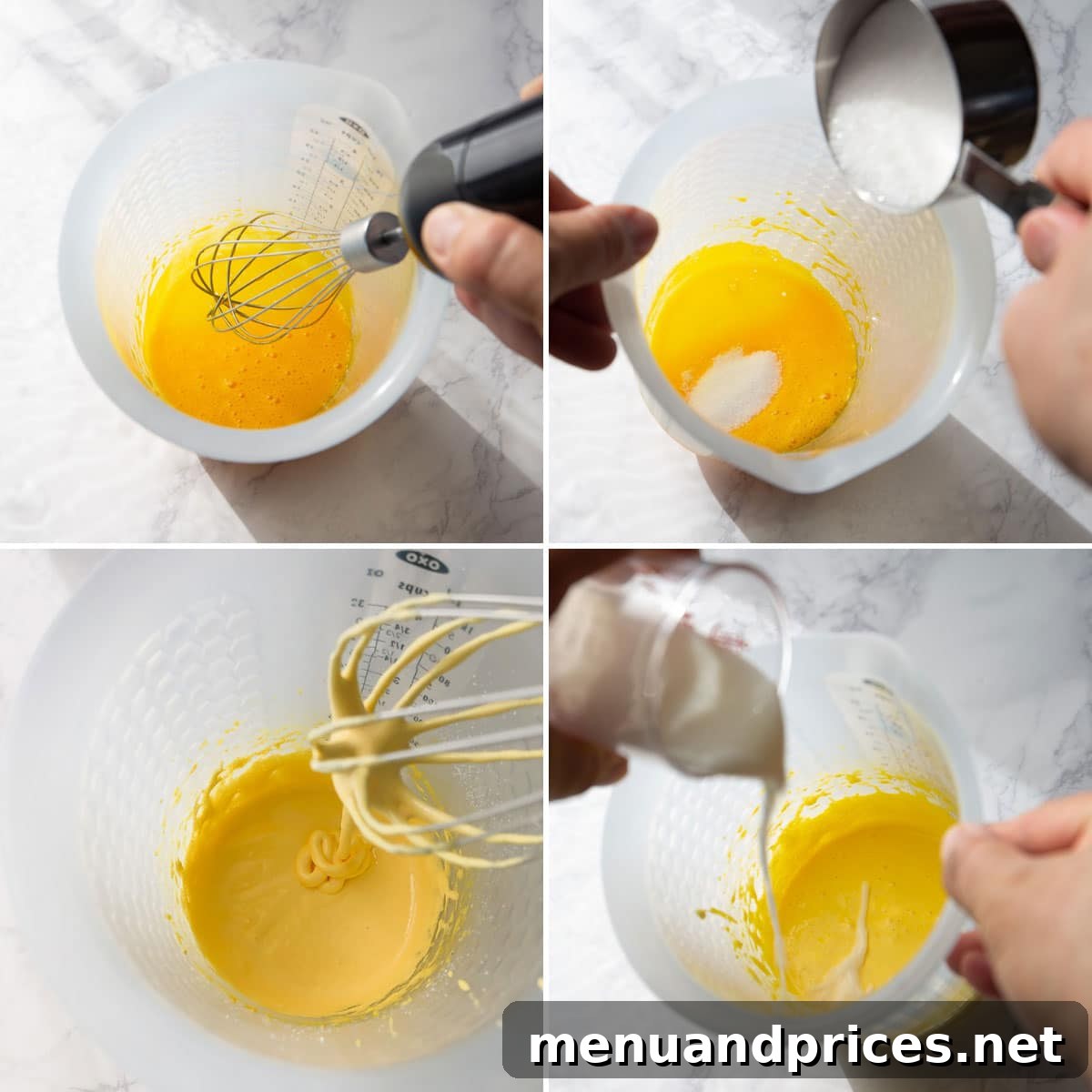 Effortless French Buttercream 4 Step-by-step photos illustrating the process of whipping egg yolks with sugar until they become thick and pale yellow.