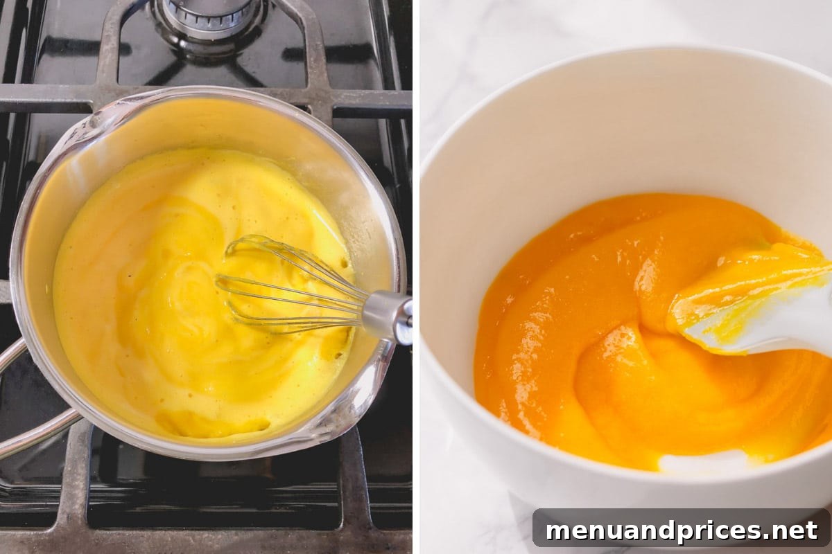 Effortless French Buttercream 5 Step-by-step showing the cooking process of the egg yolk mixture in a saucepan, followed by cooling it down in a clean bowl.
