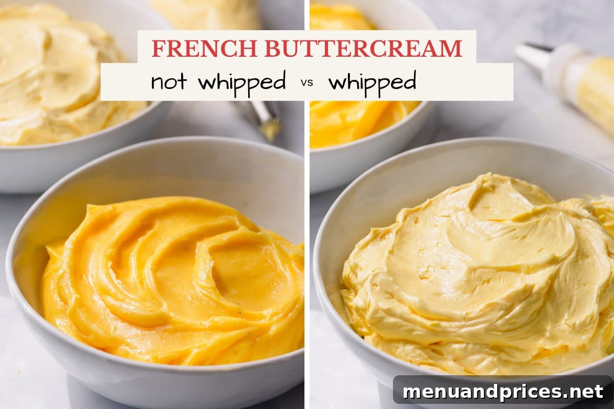 Effortless French Buttercream 7 A comparison image showing the difference between unwhipped, dense French buttercream and whipped, airy French buttercream.