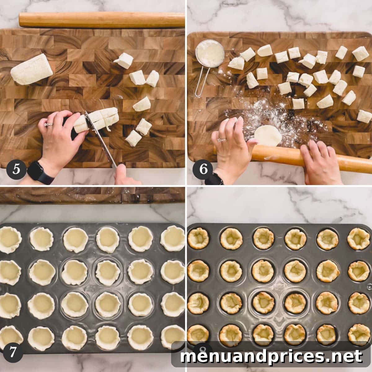 Sun-Kissed Raspberry Lemon Bites 5 Step-by-step photos showing how to roll and place 24 mini tart shells into a muffin pan, ready for baking.