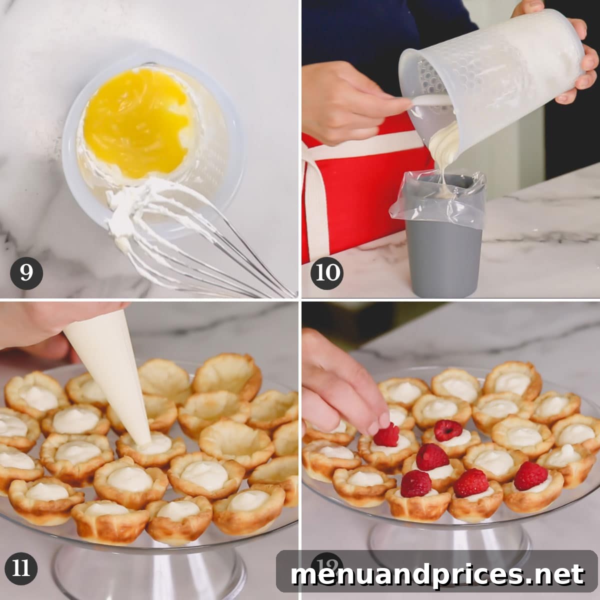 Sun-Kissed Raspberry Lemon Bites 6 Step-by-step photos demonstrating the creation of lemon whipped cream and the process of filling the mini tart shells with it.